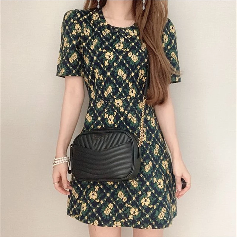 

Fashion High Quality Floral Print Woman Dress O Neck High Waist Casual Korean Style Dresses For Women Short Sleeve Slim Vestido