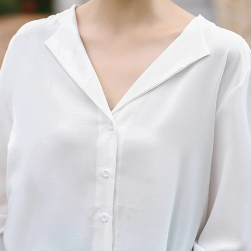 

FTLZZ New Autumn Sexy V-neck Single Breasted Loose Solid Shirt Office Lady Long Sleeve Shirt