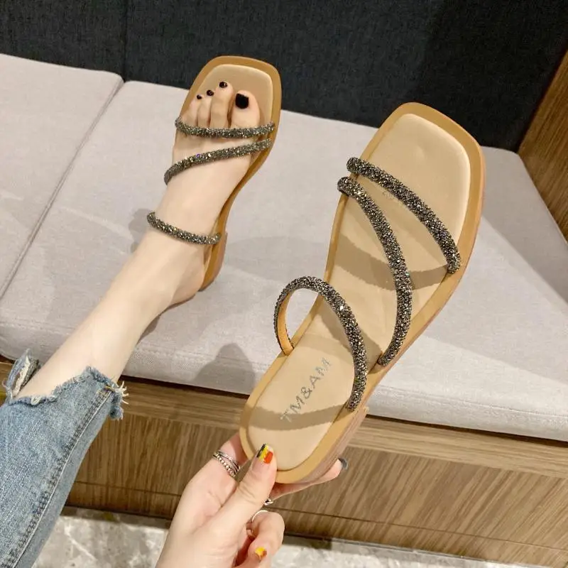 

Apanzu Summer Rhinestone Beach Slippers Women Slippers Korean version Outdoor Wild Soft Surface Flat Bottom Non-slip Sandals