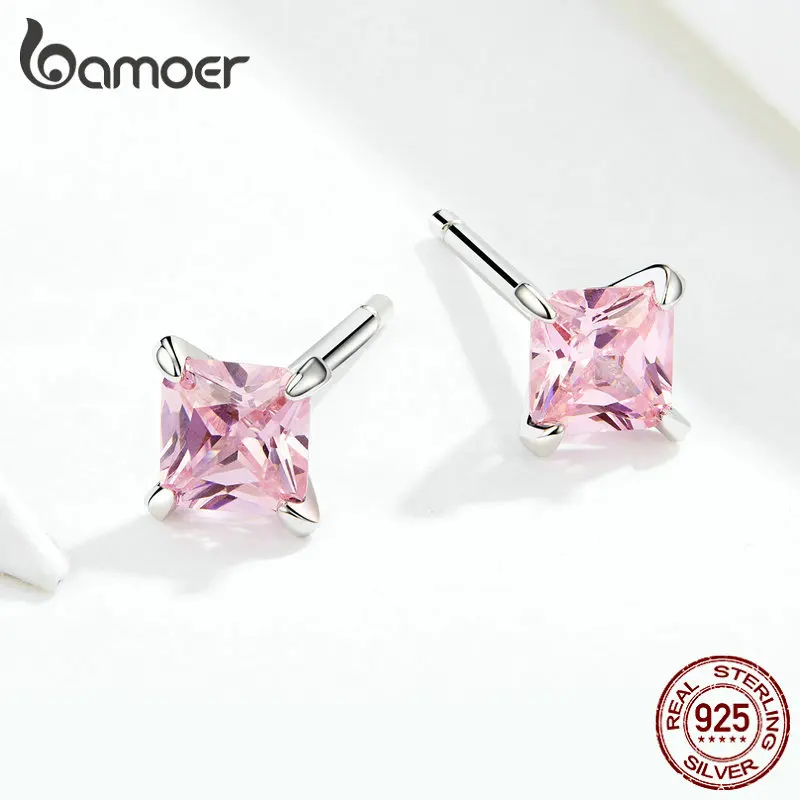 Bamoer розовые серьги с цирконием кубической огранки для женщин антиаллергенные 925 пробы серебряные свадебные массивные ювелирные изделия SCE660
