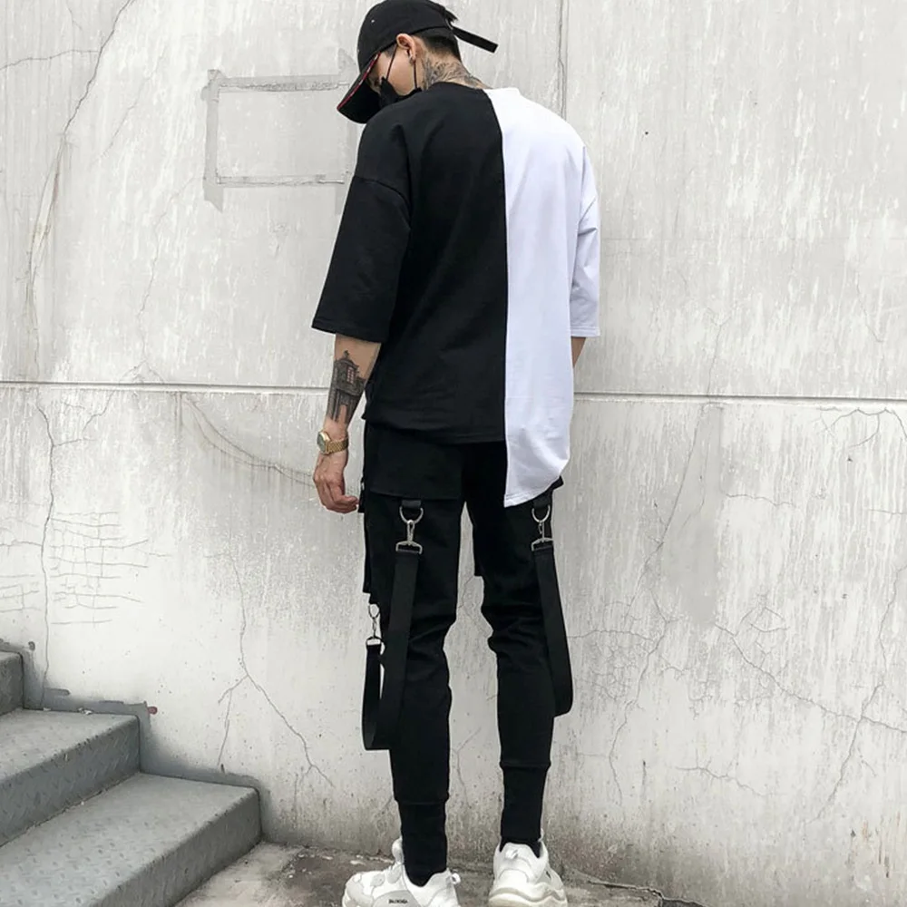 2019 мужские уличные штаны черные шаровары светильник панковские с лентами