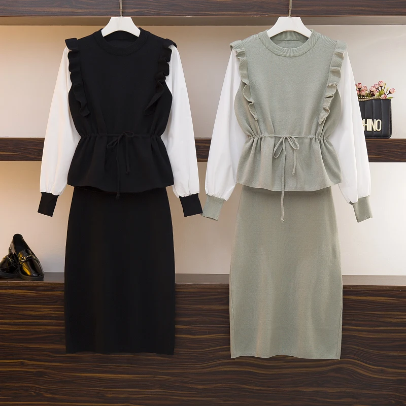 Модный осенне-зимний вязаный женский комплект 2 шт. с оборками в стиле пэчворк