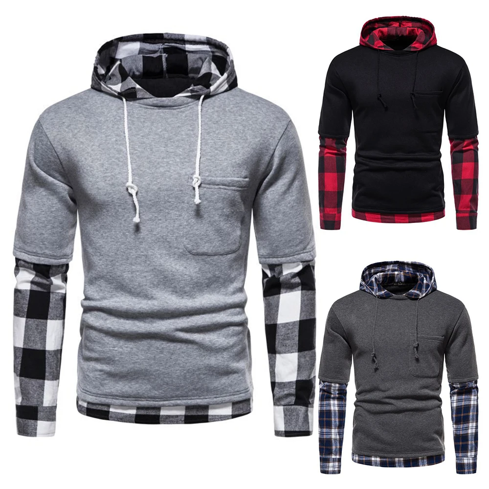 

Men's Hooded Draw String Knit Spring/Autumn Colorblock Pullover Long Sleeve Men Casual Drawstring Check Sleeve Patchwork Tunics