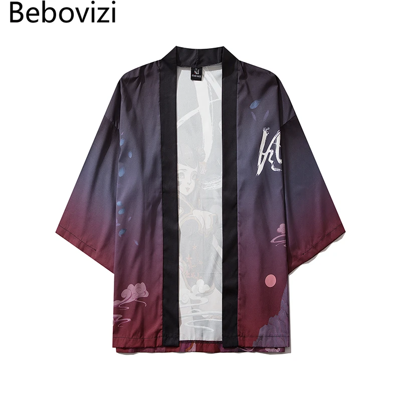 

Japanese Kimono Men Cartoon Anime Print Novelty Robe Summer Cardigan Yukata Obi Harajuku Men Women Traditional Asian Clothes