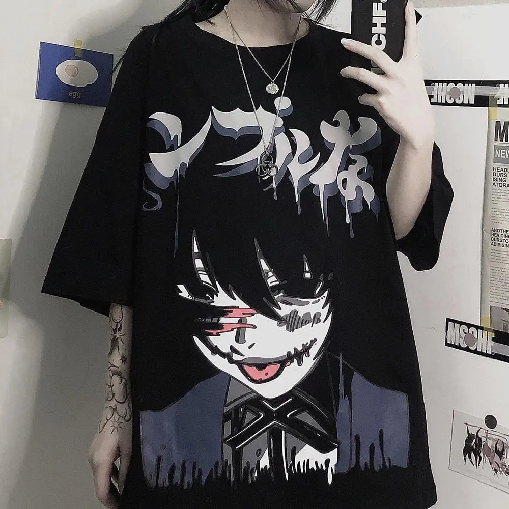 

Insstudios 21ss fashion ins dark black funerary net red two dimensional animation printing short sleeve T-shirt