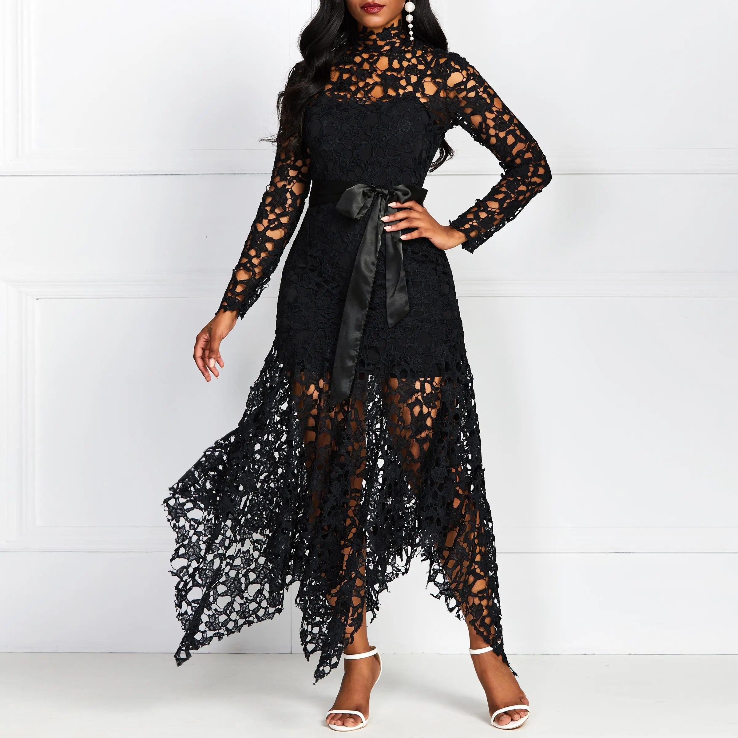 

Сексуальное Кружевное элегантное вечернее платье для вечерние, женские нестандартные длинные платья, летнее Сетчатое облегающее черное пл...