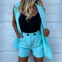 2021 summer new casual office blazer women sleeveless blazer vest solid colors v neck high waist shorts suits fashion suits