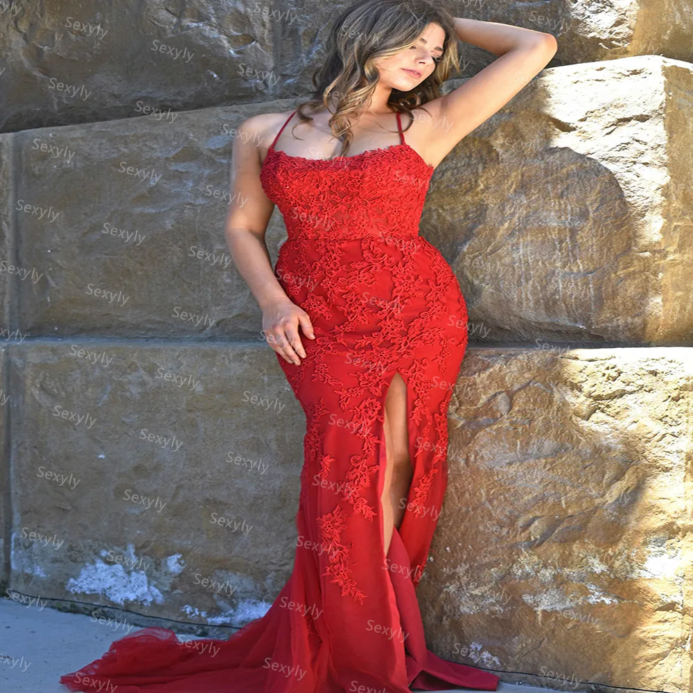 

Gorgeous Red White Mermaid Lace Evening Dress 2021 With Slit Cross Backless Plus Size Prom Dresses Sweep Train Robe De Mariee