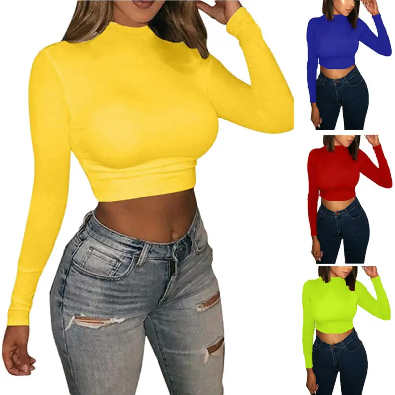 

Fashion Bodycon Slim Fit Shirt Women Solid Turtle Neck Long Sleeve Crop Top Solid Red Blue Yellow Pullover Casual Top New