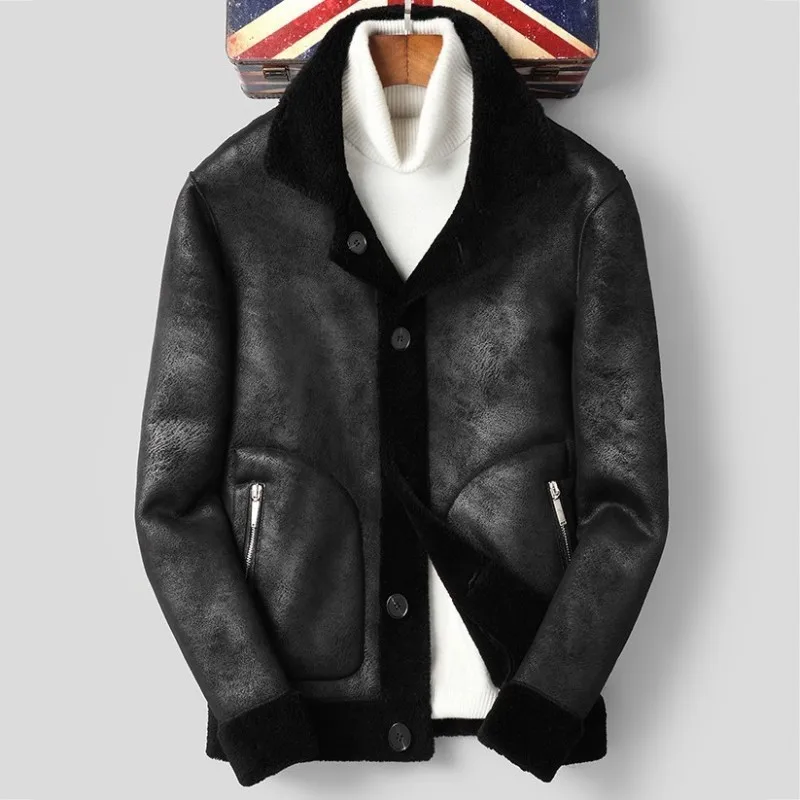 Мужское зимнее пальто из овечьей кожи плотное кожаное для горячего камина