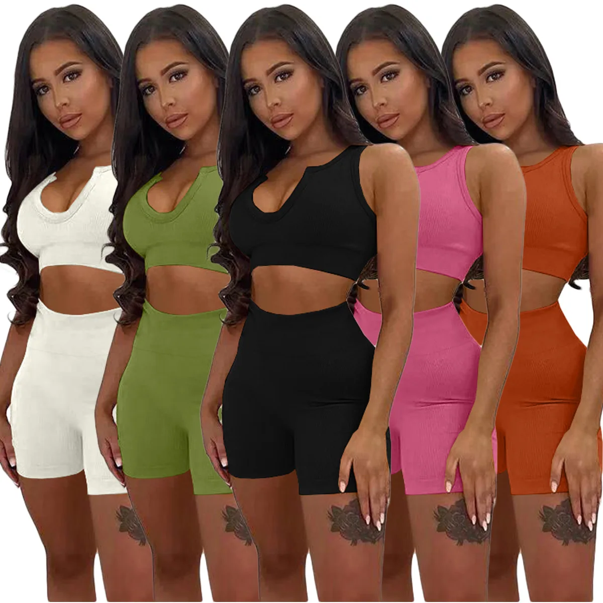 

Adogirl Women Summer Ribbed Two Piece Set Solid Color V Neck Sleeveless Crop Tops Shorts Pants Suit Female Sporty Tracksuit