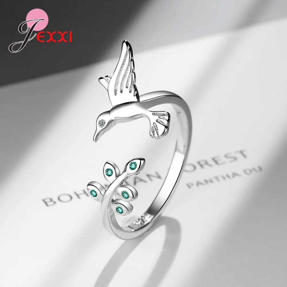

925 Sterling Silver Cute Bird Adjustable Animal Finger Rings For Women Green Cubic Zirconia Leaves Ring Fine Jewelry Gifts