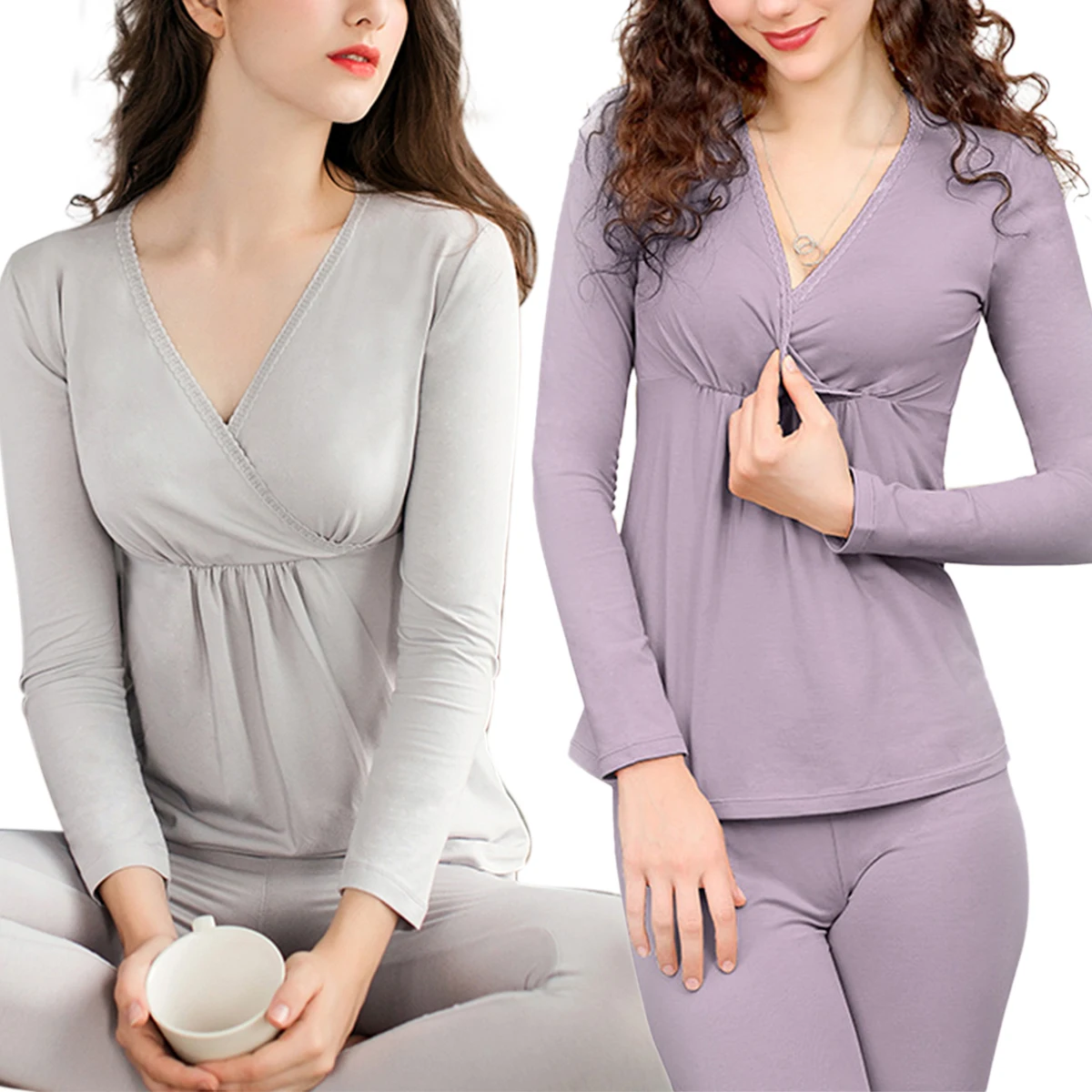 

Two Pieces Soft Long Sleeve V-neck Nursing Tops and Pants Women's Solid Color Maternity Pajama Set Cotton Blend Sleepwear Set