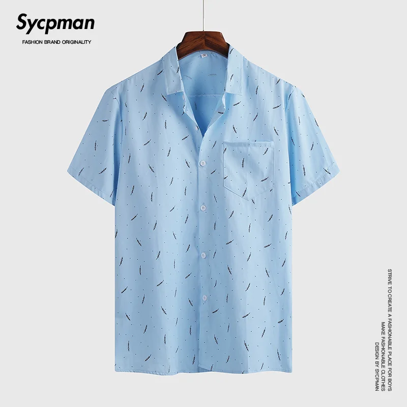 

Summer light blue feather printed shirt short sleeve men's fashion charm