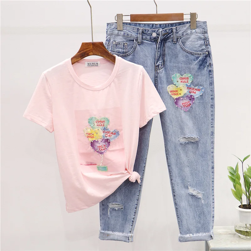 2020 Summer New Female T-shirt Fashion Diamond Balloon Print Loose T Shirt + Hole Jeans Casual Two Piece Set Women Clothing H033 | Женская