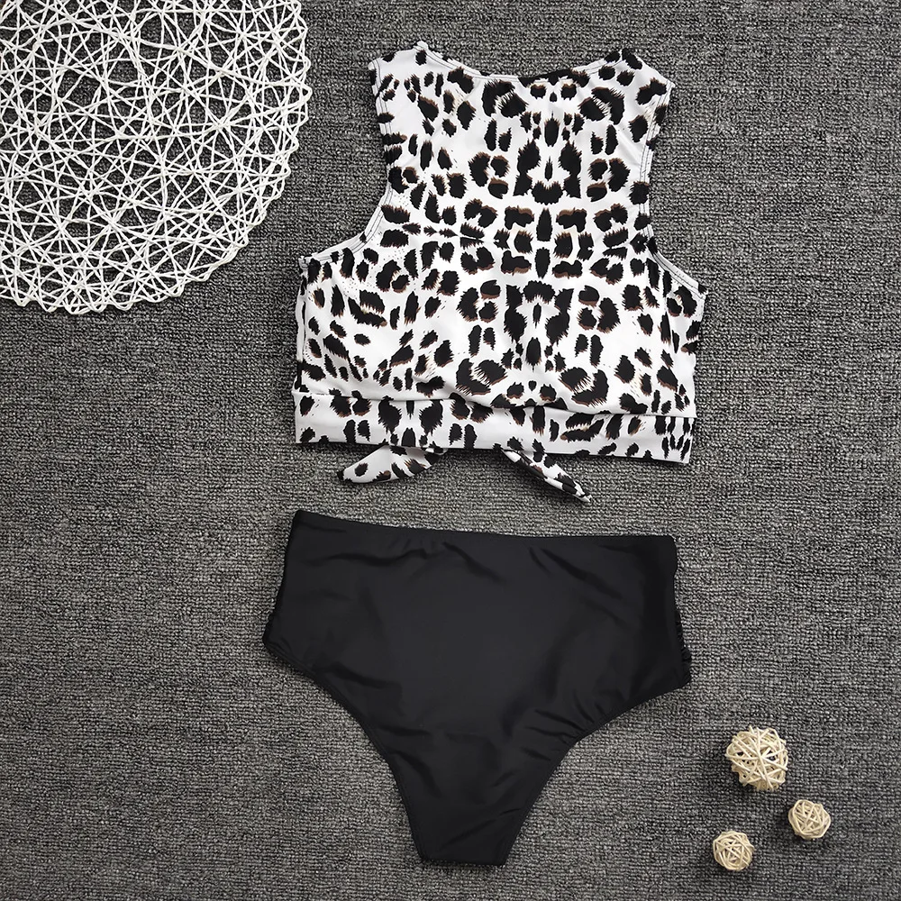 Women Bowknot Swimsuit Leopard Tankini Set High Waist Bikini Crop Top Swimwear Vintage Bathing Suit Sports Swimming Suit Biquini