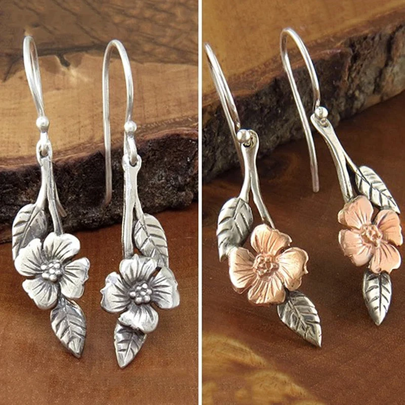 

Vintage Indian Drop Earrings Boucle d'oreille Silver Gold Color Flower Leaves Dangle Earrings For Women Female Metal Ear Jewelry