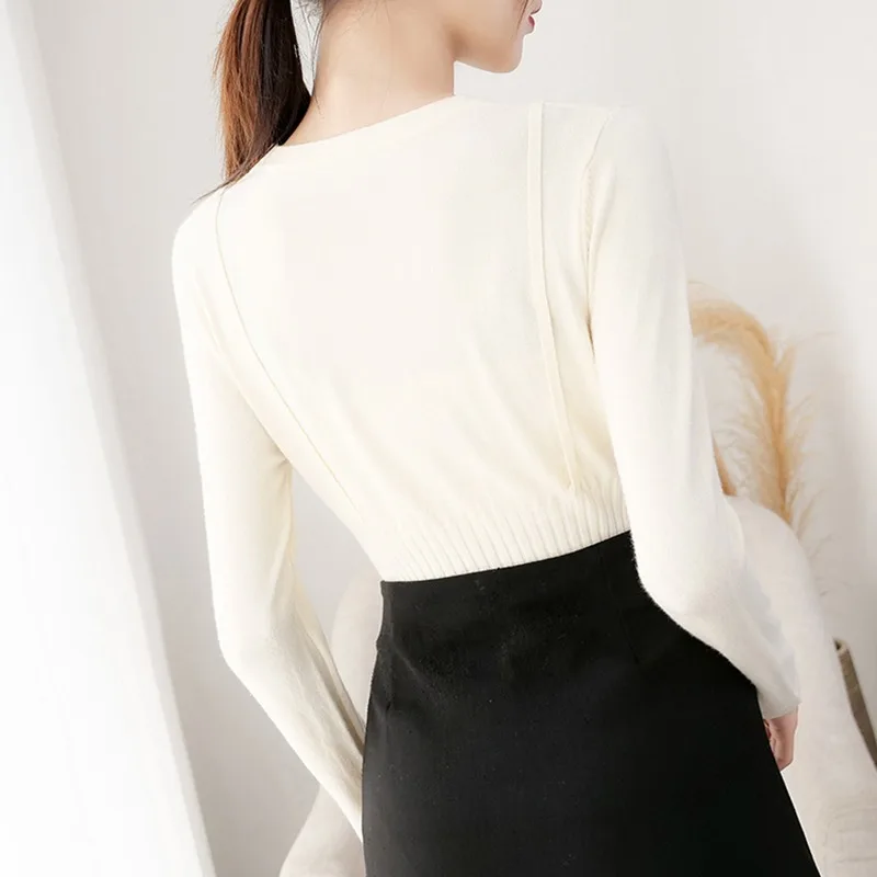 autumn winter sweet sweater women O Neck Long Sleeve Pullover Female Knitted slim fake two piece jumper top black beige | Женская одежда