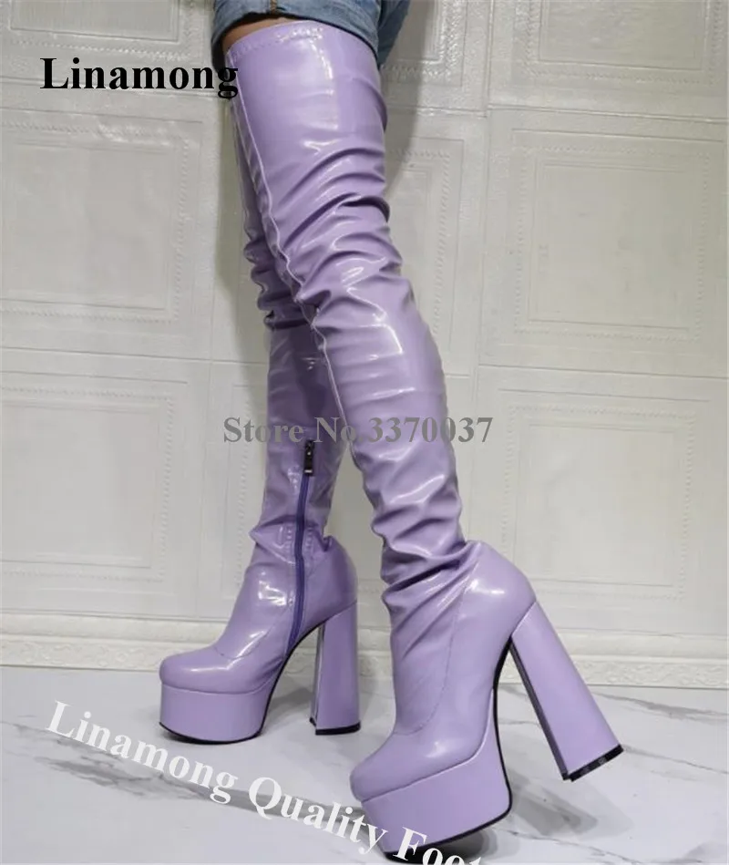 

Linamong Newest Over Knee HIgh Platform Chunky Heel Over-the-Knee Boots Purple Yellow Black Leather Slim Long Thick Heels Boots