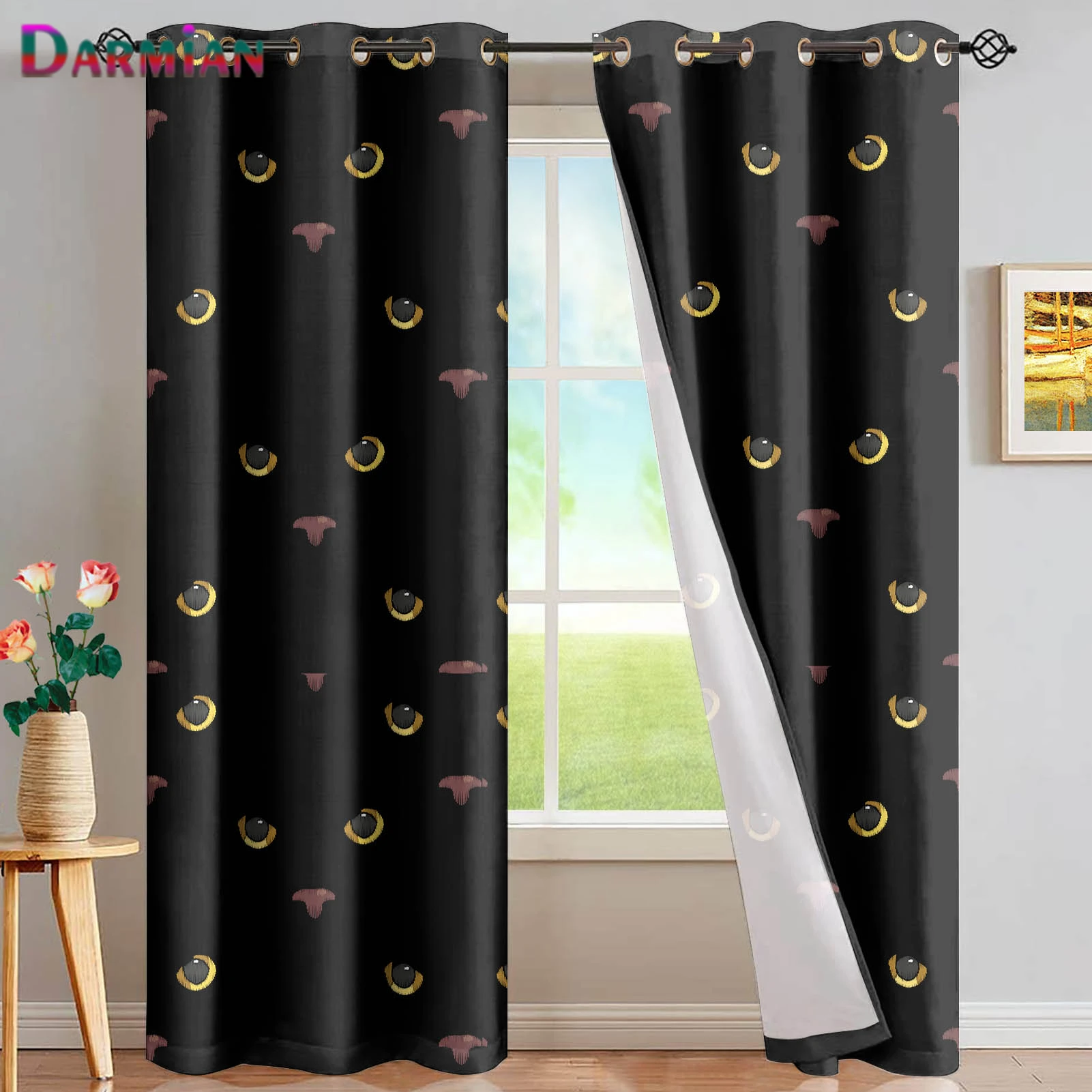 

DARMIAN Cool Black Cat Yellow Eyes Print Pattern Blackout Curtain Set Thermal Insualted Window Draperies for Guest Room Decor