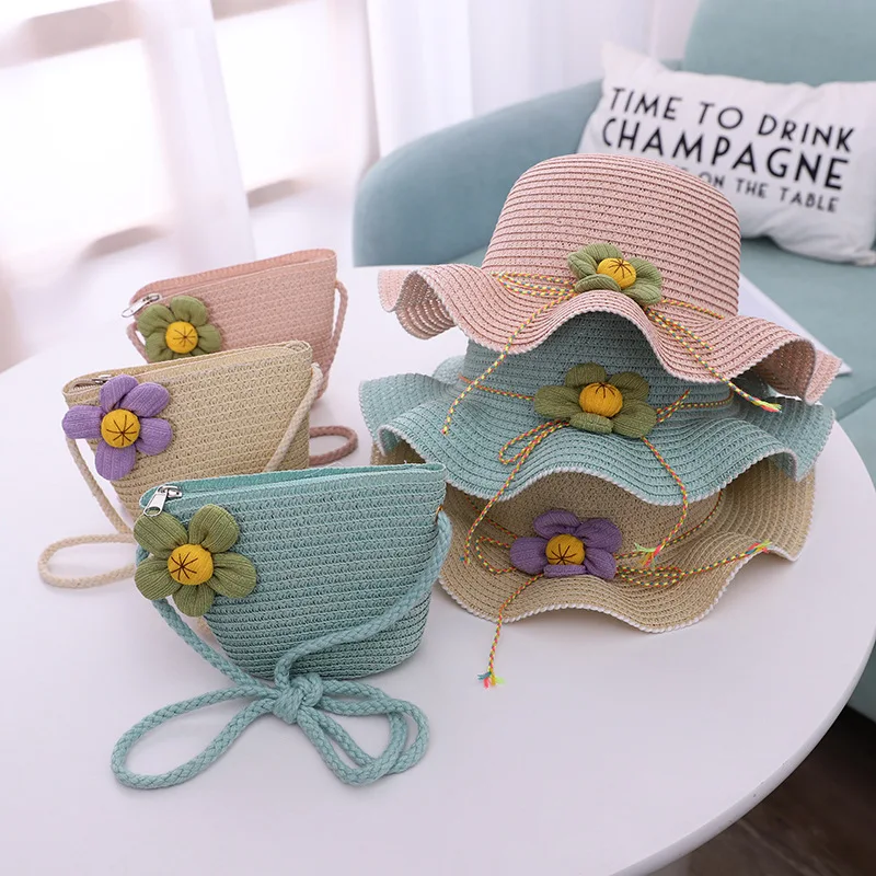 

In The Summer Of 2021 The New children's Hats Handbags Suit Han Edition Leisure Female Flower Eaves Topi Beach Hat