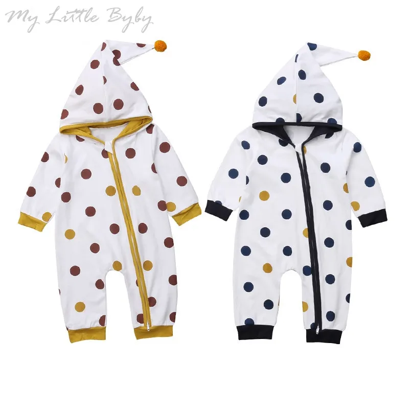 

2020 New Fashion Newborn Infant Baby Girls Boys Autumn Winter Romper Long Sleeve Cuspate Hooded Zipper Dot Jumpsuit Playsuit