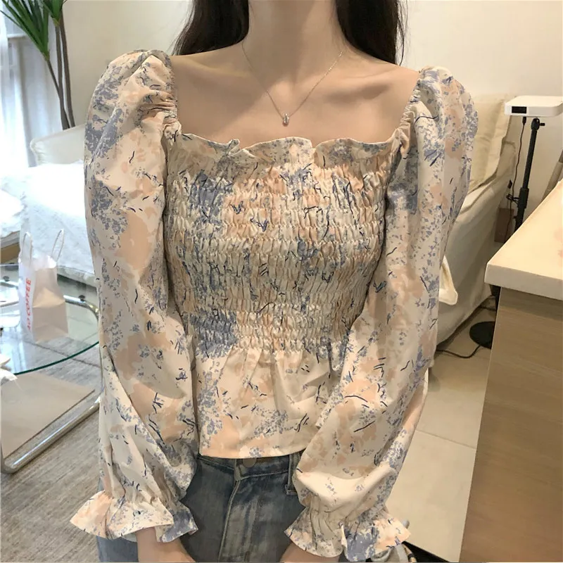 

Casual Off Shoulder Chiffon Print Blouses Women Slim Long Sleeve Stretch Blouses 2021 Square Collar Female Chic Cropped Tops