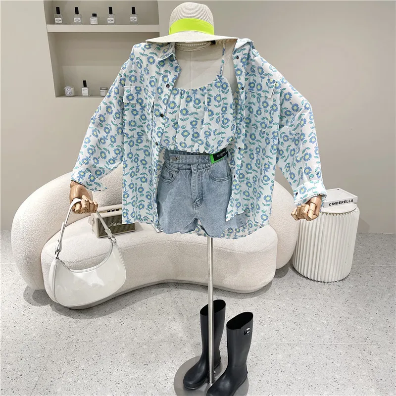 

Niche Design New Women's Clothing Summer 2021 Fashion Long Sleeve Sunscreen Shirt Top With Floral Sling