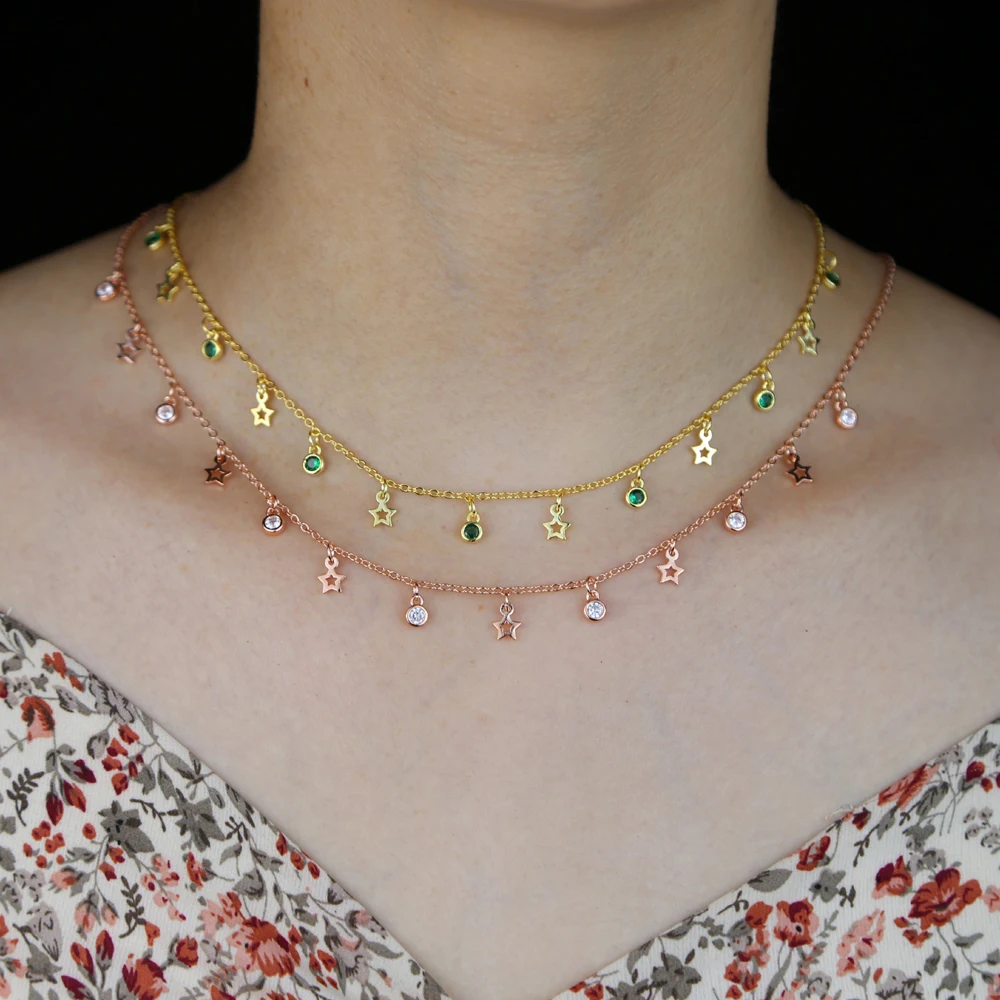 2023 New Arrived Minimal Delicate Hollow Star Drop Charm Gift Women Fashion Green Clear Cz Choker Necklace Jewelry Wholesale