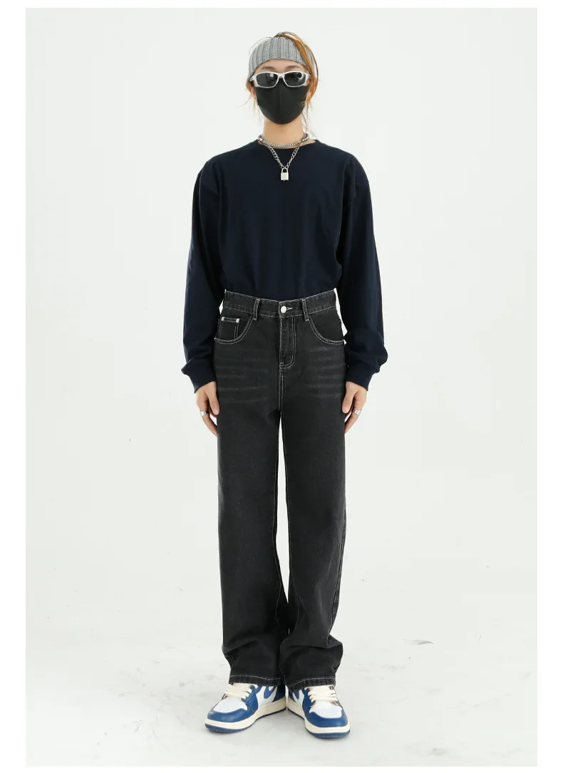 

Male Japan Korea Style Streetwear Hip Hop Denim Pant Men Vintage Fashion Loose Casual Basic Style Straight Jeans Trousers