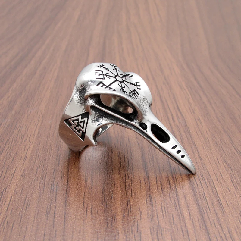 Punk 316L Stainless Steel Vegvisir Runes Futhark Rings Silver Color Black Viking Raven Ring Odin Nordic Animal Head Jewelry | Украшения и