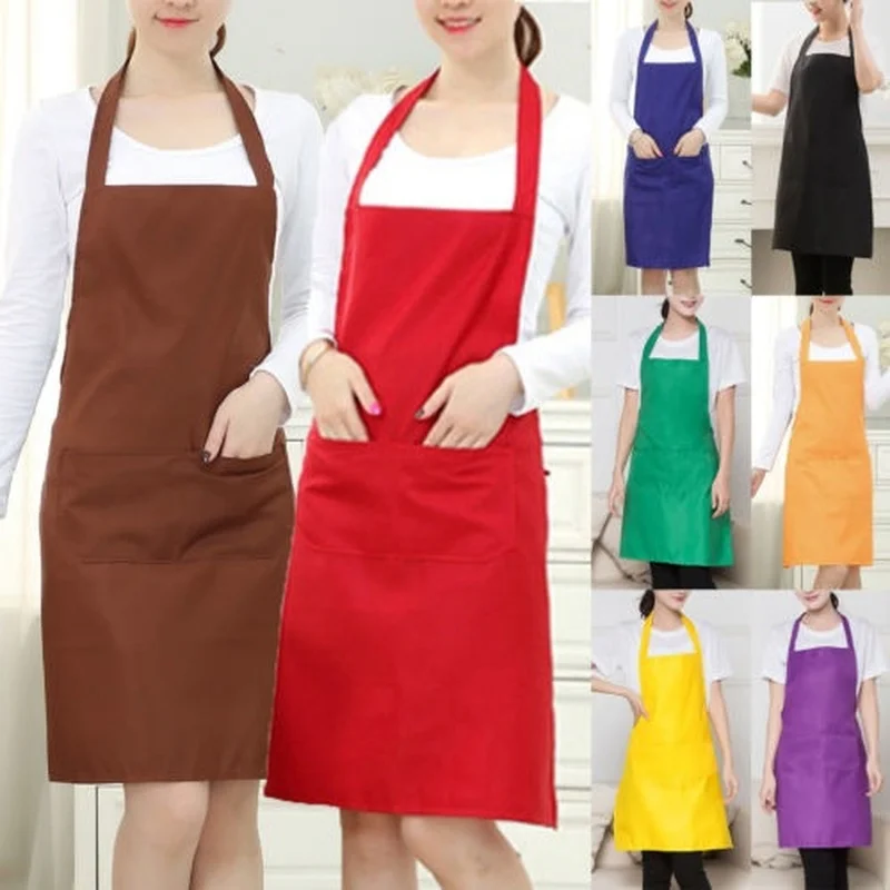 

2020 Fashion Men Women Solid Cooking Kitchen Restaurant Chef Adjustable Bib Apron Dress with Pocket aprons for woman and man