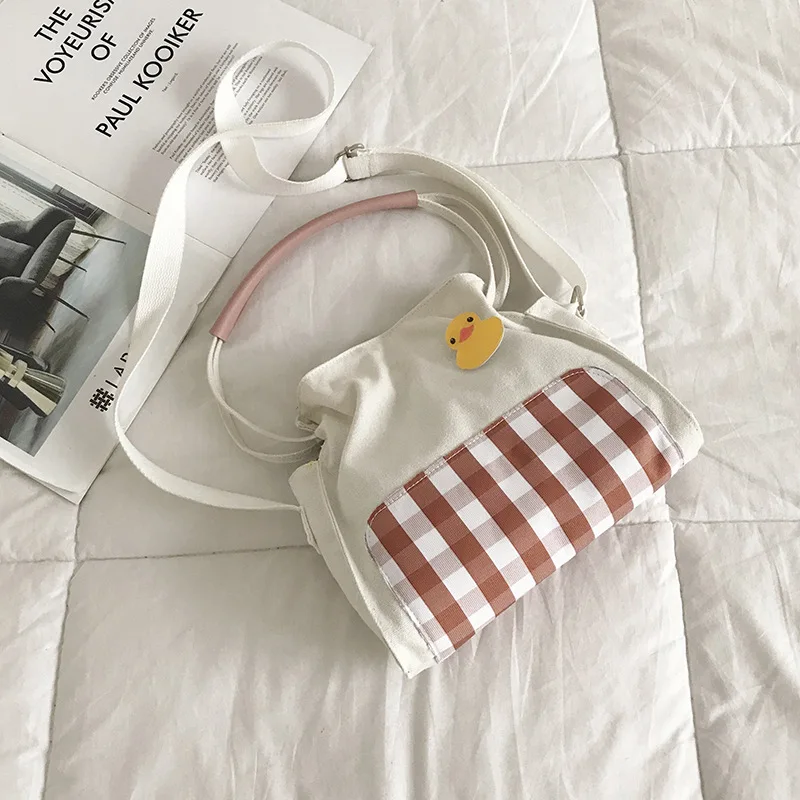 

New Style Hipster Handbag Canvas Bag Plaid Bag Girls' Korean style Student Messenger Bag Mori Drawstring Small Shoulder Bag