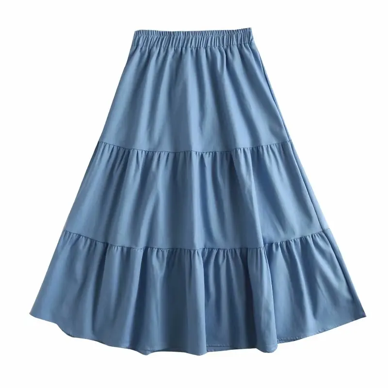 

women long ruffled blue denim skirt summer elastic waist long skirt vintage beach ladies bottom jeans skirt