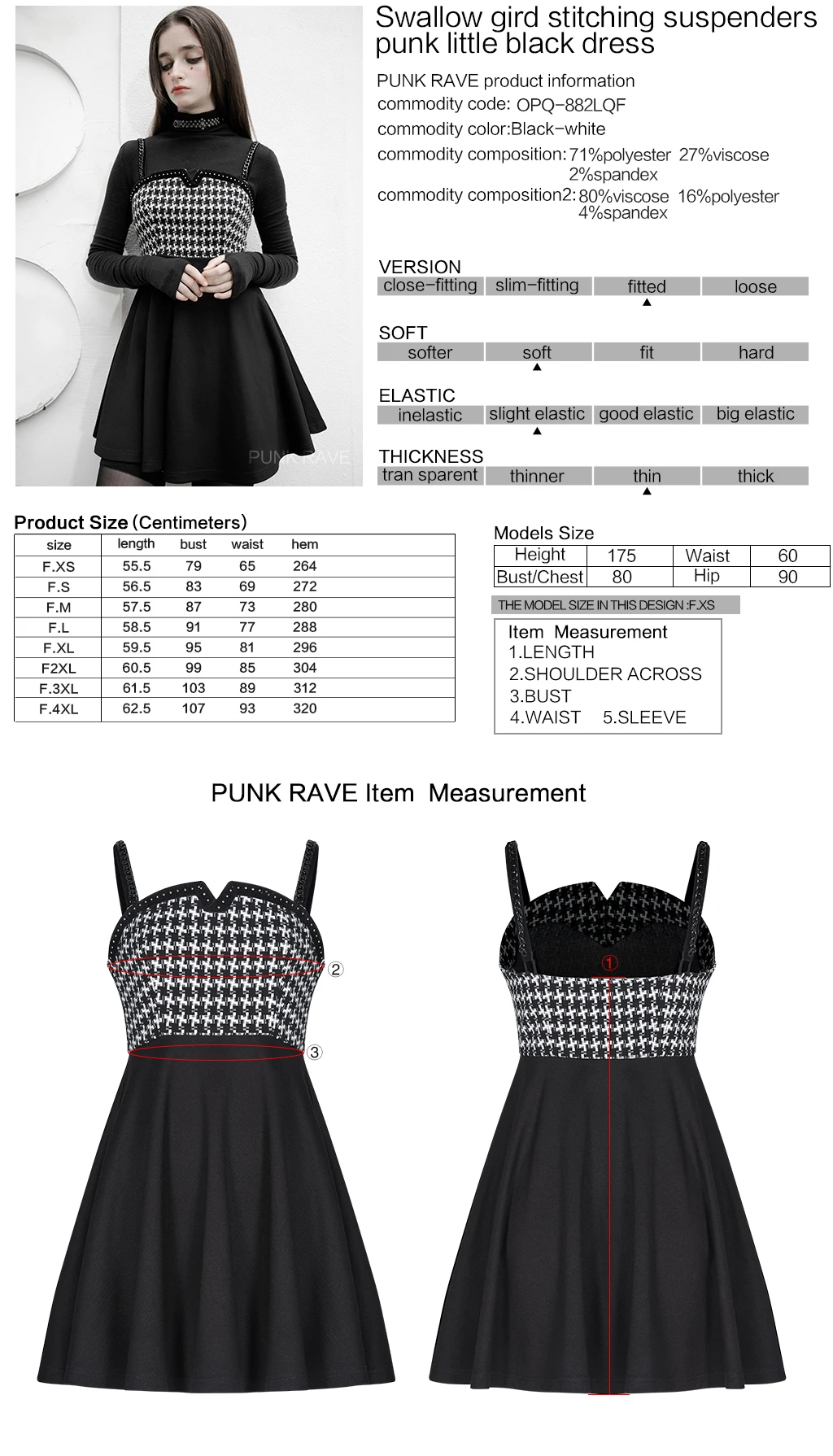 

PUNKRAVE Women's Punk Series Swallow Gird Splicing Suspenders Little Black Dress Cool Classic Style V-neck Thick Short Dress