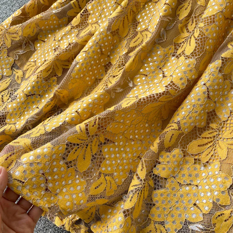 

Vintage Blue/Yellow Lace Party Dress Women Elegant Single Breasted Long Sleeve High Waist A-Line Vestidos Female Spring Autumn