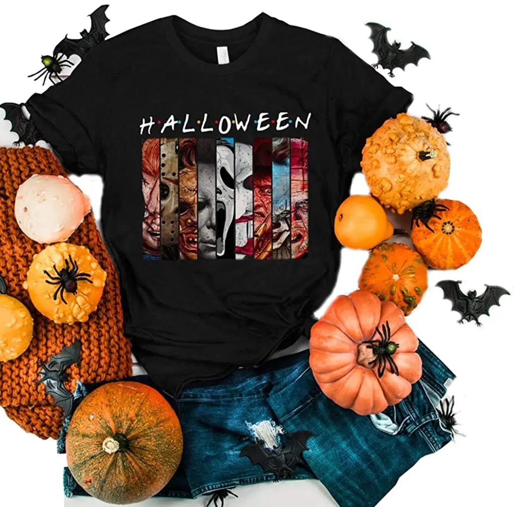 

Women Friends Halloween Horror Shirt Horror Movies Characters Face Graphic Tees Halloween Night Spooky Horror T Shirts