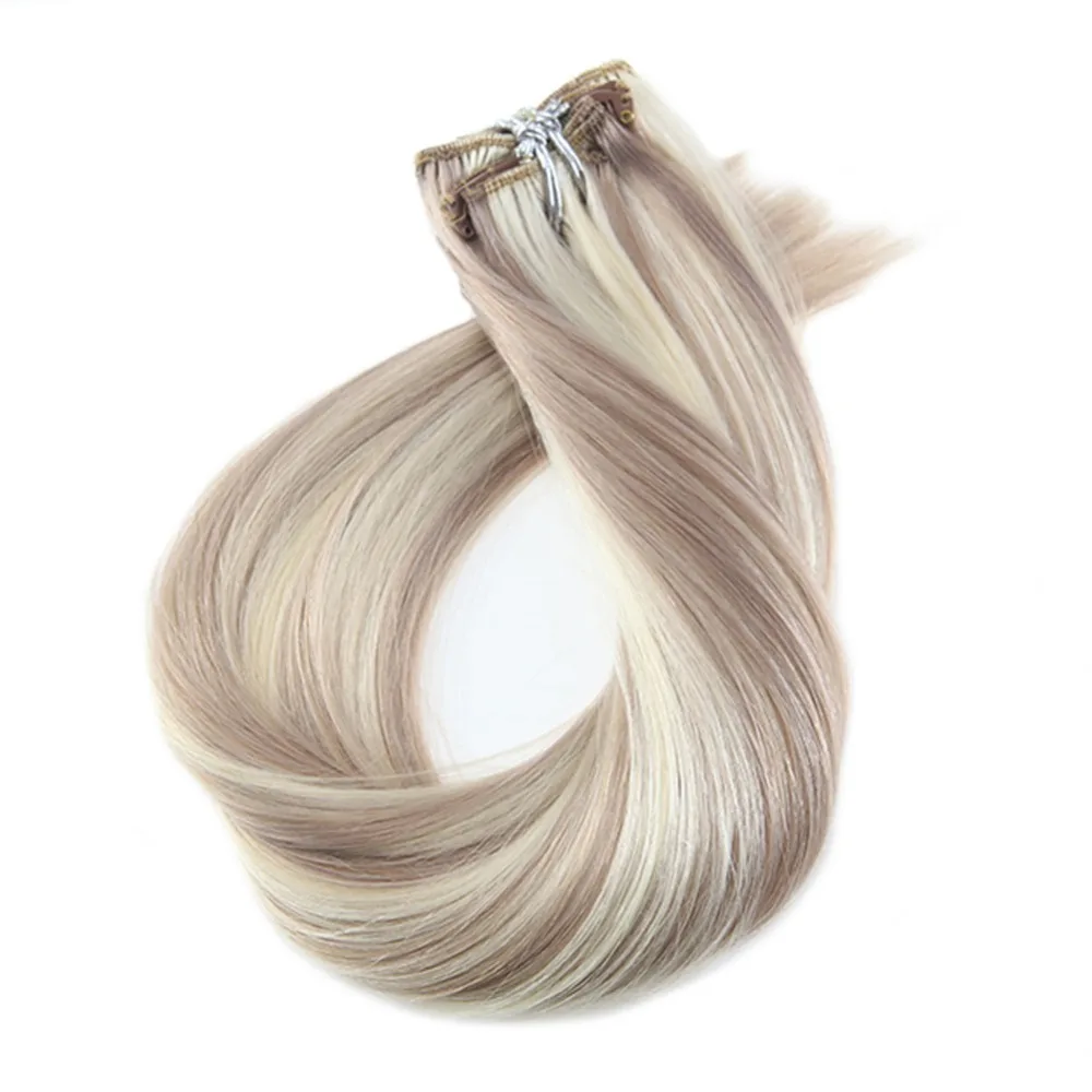 Moresoo 100 г волосы для наращивания на заколках, человеческие волосы Remy блонд# P18/613 на всю голову, 7 шт. 16-24 дюйма, бразильские волосы
