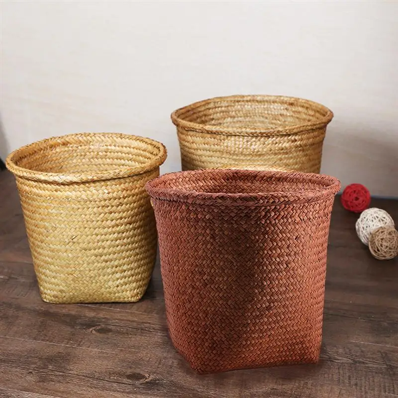 

1Pc Straw Woven Wastebasket Practical Trash Can Waste Paper Basket Storage Bin