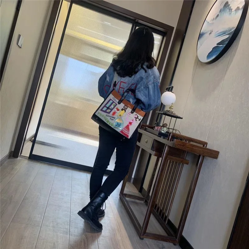 Women Bags Canvas Patchwork Embroidery Purse Shoulder Bags Handbags Tote Braccialini Style Handmade Art Cartoon Perfume Girl