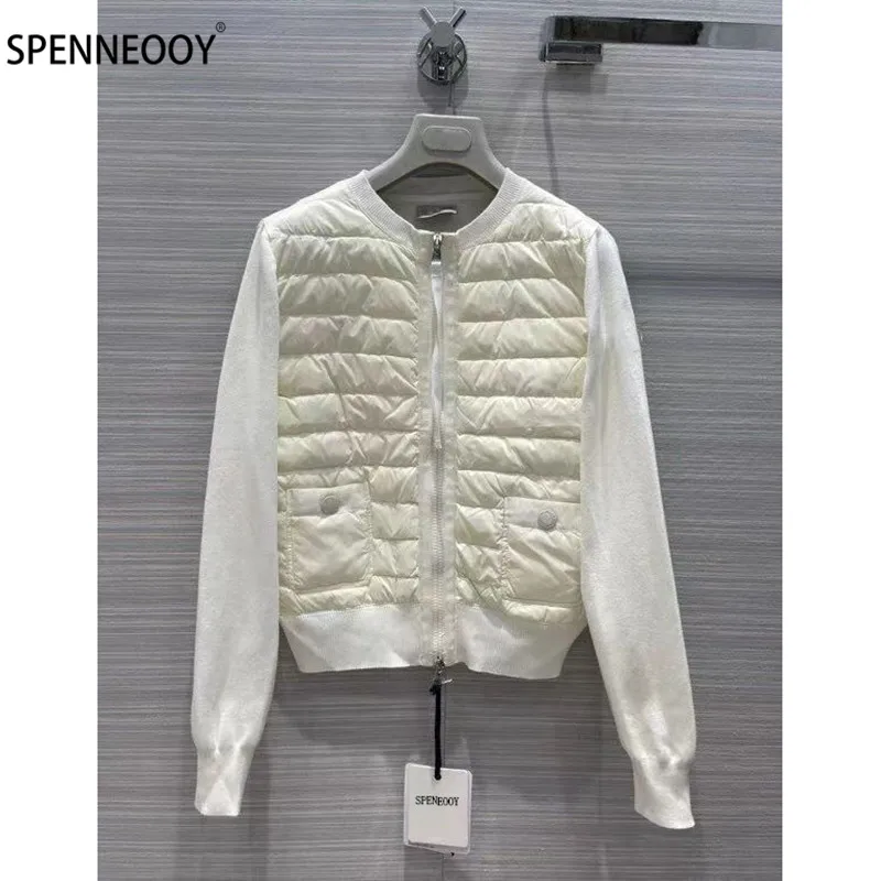 

SPENNEOOY Designer Brand Winter Fashion Short Down Outwear Women Wool Knitting Patchwork White Goose Down Jackets Coat