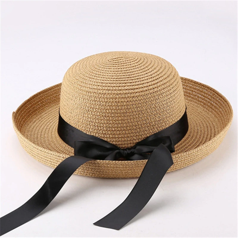 

2020 New Arrival Summer Straw Hats Women Black Bow Sun Hat Lady Beach Hat Casual Panama Hat Girl Bone