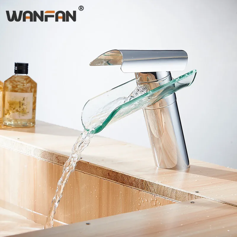 Современный водопад со стеклянным носиком Смеситель для раковины ванной комнаты