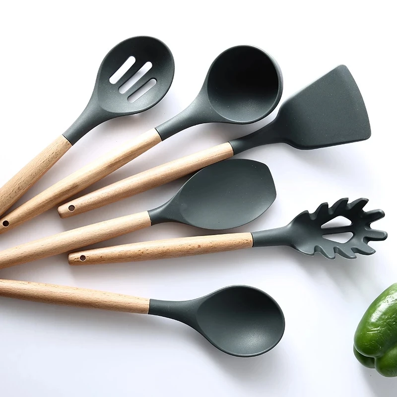 silicone kitchenware cooking utensils set non stick cookware accessories spatula wooden handle black cute kitchen gadget sets free global shipping