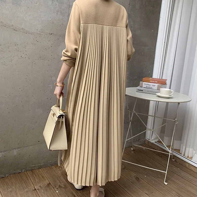

French O Neck Patchwork Design Feel Back Pleated Plus Velvet Draped A-LINE Solid Casual Dress for Women X453