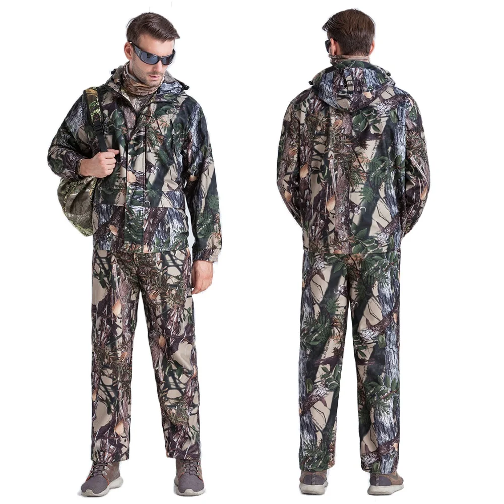 Outdoor Men Hunting Suits Bionic 3D Leaves Hooded Jacket Bib Pants Camouflage Windproof Breathable Spring Autumn Bird Watching