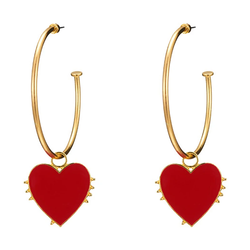 Винтажные большие серьги-кольца золотого цвета с красным сердцем очаровательные