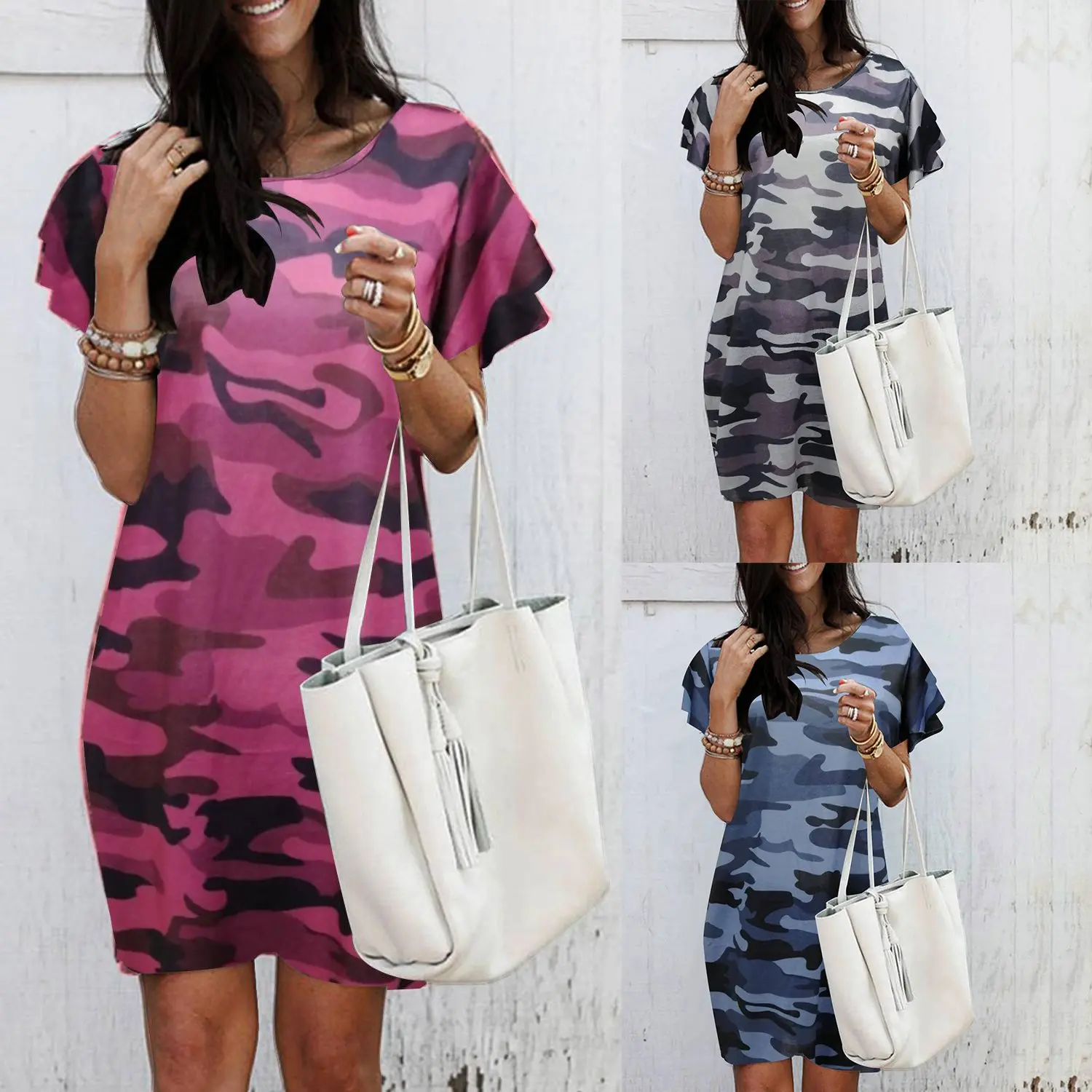 

Women's Summer Short Sleeve Camouflage Print Fashion O-Neck Mini Dress