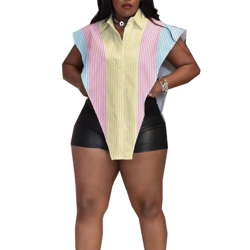 

Lady Fashion Street Style Buttons Up Stripe Shirt Tops Sexy Summer Women Sleeveless Turn-down Collar Irregular Hem Loose Blouse