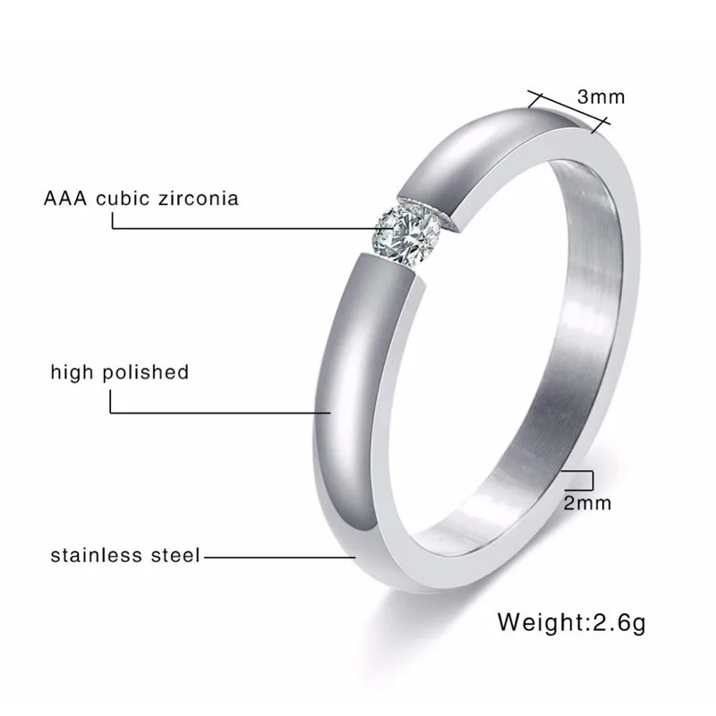 Серебряное обручальное кольцо из нержавеющей стали с фианитом | Украшения и